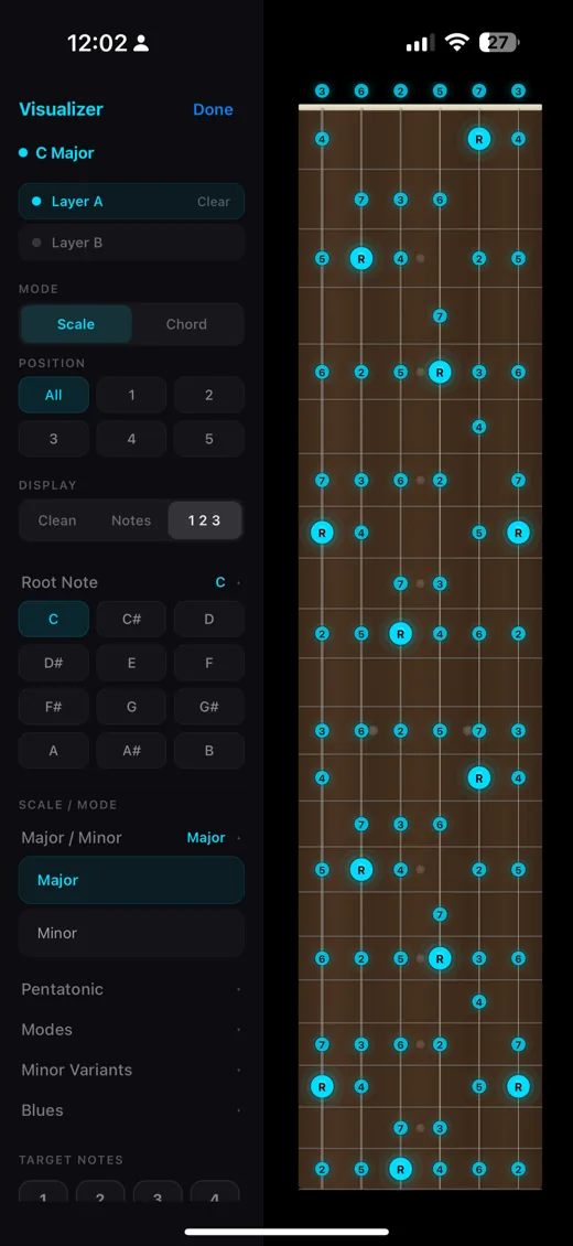Fretboard displaying scale degrees as interval numbers