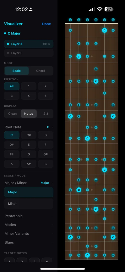 Fretboard with note names displayed on a full scale